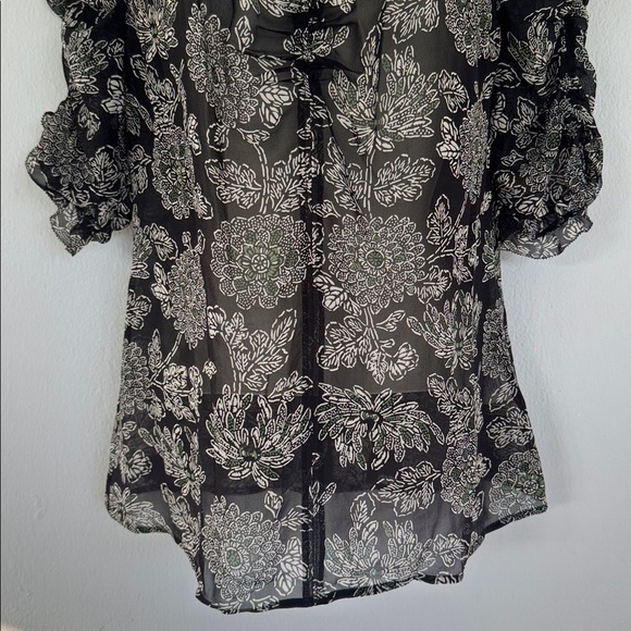 Veronica Beard Natuka black green sheer floral print ruffle trim blouse size 4 - Picture 4 of 16